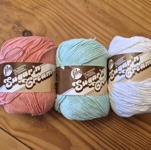 Lily Sugar'n Cream Yarn Trio -large 4 oz Skeins In Coral, Beach Glass And, White